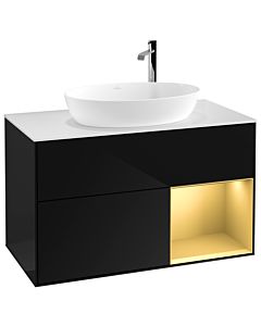 Villeroy und Boch Finion Villeroy und Boch F901HFPH 100cm, plaque de recouvrement blanc mat, étagères laqué mat or, Glossy Black Lacquer