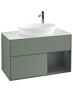 Villeroy und Boch Finion Waschtischunterschrank F901HGGM 100cm, Abdeckplatte white matt, Regale Midnight matt lacquer, Olive Matt Lacquer