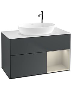 Villeroy und Boch Finion Waschtischunterschrank F901HHHG 100cm, Abdeckplatte white matt, Regale sand matt lacquer, Midnight Blue Matt Lacquer