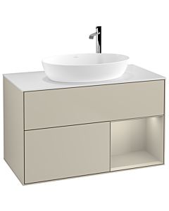 Villeroy und Boch Finion Villeroy und Boch F901HHHH 100cm, plaque de recouvrement blanc mat, étagères sable laqué mat, Sand Matt Lacquer