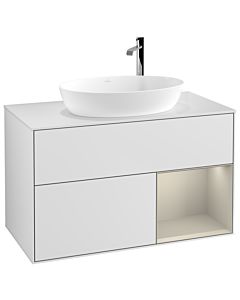 Villeroy und Boch Finion Waschtischunterschrank F901HHMT 100cm, Abdeckplatte white matt, Regale sand matt lacquer, White matt lacquer