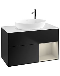 Villeroy und Boch Finion Waschtischunterschrank F901HHPD 100cm, Abdeckplatte white matt, Regale sand matt lacquer, Black matt lacquer