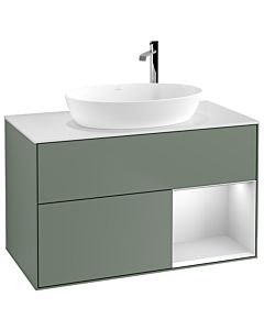 Villeroy und Boch Finion Waschtischunterschrank F901MTGM 100cm, Abdeckplatte white matt, Regale White matt lacquer, Olive Matt Lacquer