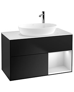 Villeroy und Boch Finion Waschtischunterschrank F901MTPD 100cm, Abdeckplatte white matt, Regale White matt lacquer, Black matt lacquer