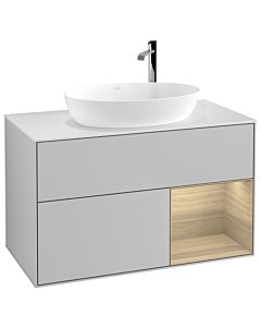 Villeroy und Boch Finion Waschtischunterschrank F901PCGJ 100cm, Abdeckplatte white matt, Regale Oak Veneer, Light grey matt