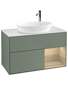 Villeroy und Boch Finion Waschtischunterschrank F901PCGM 100cm, Abdeckplatte white matt, Regale Oak Veneer, Olive Matt Lacquer