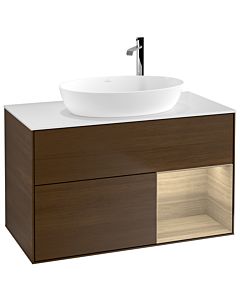 Villeroy und Boch Finion Waschtischunterschrank F901PCGN 100cm, Abdeckplatte white matt, Regale Oak Veneer, Walnut veneer