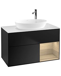 Villeroy und Boch Finion Waschtischunterschrank F901PCPD 100cm, Abdeckplatte white matt, Regale Oak Veneer, Black matt lacquer