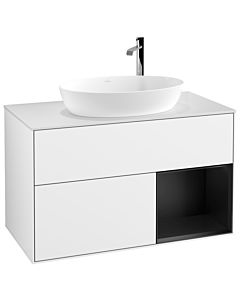 Villeroy und Boch Finion Waschtischunterschrank F901PDGF 100cm, Abdeckplatte white matt, Regale Black matt lacquer, Glossy white lacquer