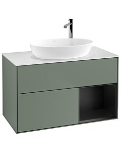 Villeroy und Boch Finion Villeroy und Boch F901PDGM 100cm, plaque de recouvrement blanc mat, étagères laqué noir mat, Olive Matt Lacquer