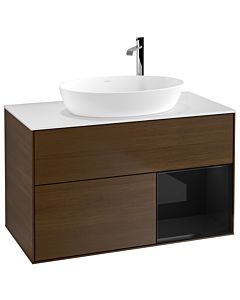 Villeroy und Boch Finion Waschtischunterschrank F901PHGN 100cm, Abdeckplatte white matt, Regale Glossy black lacquer, Walnut veneer