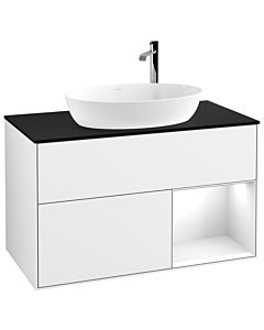 Villeroy und Boch Finion Waschtischunterschrank F902GFGF 100cm, Abdeckplatte black matt, Regale Glossy white lacquer, Glossy white lacquer