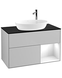 Villeroy und Boch Finion Waschtischunterschrank F902GFGJ 100cm, Abdeckplatte black matt, Regale Glossy white lacquer, Light grey matt