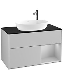 Villeroy und Boch Finion Waschtischunterschrank F902GJGJ 100cm, Abdeckplatte black matt, Regale Light grey matt lacquer, Light grey matt
