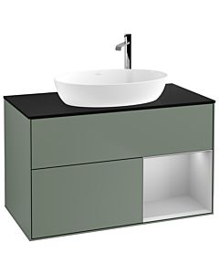 Villeroy und Boch Finion Villeroy und Boch F902GJGM 100cm, plaque de recouvrement noir mat, étagères laqué gris clair mat, Olive Matt Lacquer