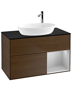 Villeroy und Boch Finion Waschtischunterschrank F902GJGN 100cm, Abdeckplatte black matt, Regale Light grey matt lacquer, Walnut veneer