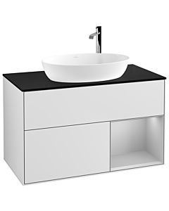 Villeroy und Boch Finion Waschtischunterschrank F902GJMT 100cm, Abdeckplatte black matt, Regale Light grey matt lacquer, White matt lacquer