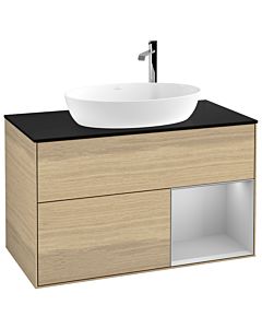 Villeroy und Boch Finion Waschtischunterschrank F902GJPC 100cm, Abdeckplatte black matt, Regale Light grey matt lacquer, Oak Veneer