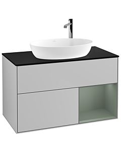 Villeroy und Boch Finion Villeroy und Boch F902GMGJ 100cm, plaque de recouvrement noir mat, étagères laqué olive mat, gris clair mat