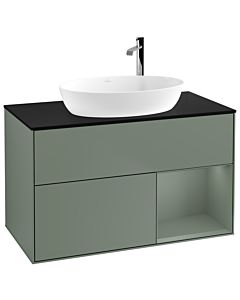 Villeroy und Boch Finion Waschtischunterschrank F902GMGM 100cm, Abdeckplatte black matt, Regale Olive matt lacquer, Olive Matt Lacquer