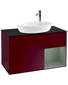 Villeroy und Boch Finion Waschtischunterschrank F902GMHB 100cm, Abdeckplatte black matt, Regale Olive matt lacquer, Peony Matt