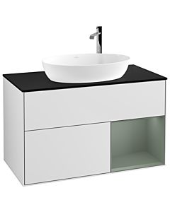 Villeroy und Boch Finion Villeroy und Boch F902GMMT 100cm, plaque de recouvrement noir mat, étagères laqué olive mat, laqué blanc mat