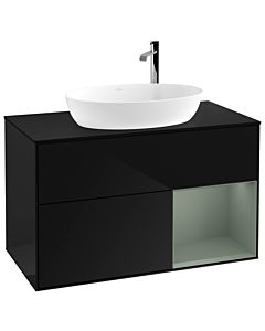 Villeroy und Boch Finion Waschtischunterschrank F902GMPH 100cm, Abdeckplatte black matt, Regale Olive matt lacquer, Glossy Black Lacquer