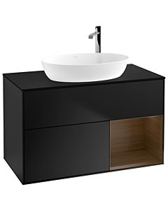 Villeroy und Boch Finion Waschtischunterschrank F902GNPD 100cm, Abdeckplatte black matt, Regale Walnut Veneer, Black matt lacquer