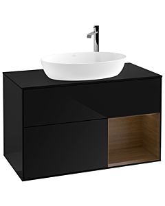 Villeroy und Boch Finion Waschtischunterschrank F902GNPH 100cm, Abdeckplatte black matt, Regale Walnut Veneer, Glossy Black Lacquer