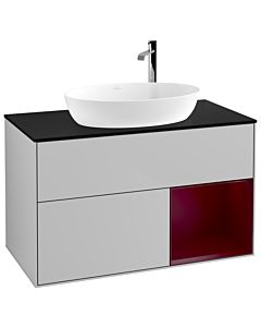 Villeroy und Boch Finion Waschtischunterschrank F902HBGJ 100cm, Abdeckplatte black matt, Regale Peony matt lacquer, Light grey matt