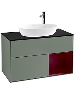 Villeroy und Boch Finion Waschtischunterschrank F902HBGM 100cm, Abdeckplatte black matt, Regale Peony matt lacquer, Olive Matt Lacquer