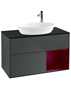 Villeroy und Boch Finion Waschtischunterschrank F902HBHG 100cm, Abdeckplatte black matt, Regale Peony matt lacquer, Midnight Blue Matt Lacquer