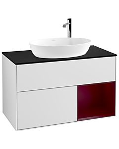 Villeroy und Boch Finion Waschtischunterschrank F902HBMT 100cm, Abdeckplatte black matt, Regale Peony matt lacquer, White matt lacquer