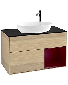 Villeroy und Boch Finion Waschtischunterschrank F902HBPC 100cm, Abdeckplatte black matt, Regale Peony matt lacquer, Oak Veneer