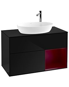 Villeroy und Boch Finion Waschtischunterschrank F902HBPH 100cm, Abdeckplatte black matt, Regale Peony matt lacquer, Glossy Black Lacquer
