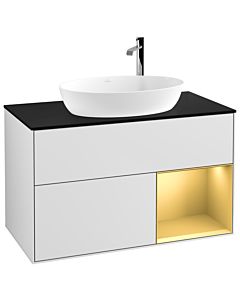 Villeroy und Boch Finion Waschtischunterschrank F902HFMT 100cm, Abdeckplatte black matt, Regale Gold matt lacquer, White matt lacquer