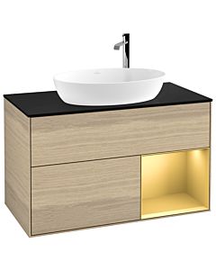 Villeroy und Boch Finion Villeroy und Boch F902HFPC 100cm, plaque de recouvrement noir mat, étagères laqué mat or, Oak Veneer