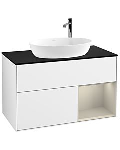 Villeroy und Boch Finion Waschtischunterschrank F902HHGF 100cm, Abdeckplatte black matt, Regale sand matt lacquer, Glossy white lacquer