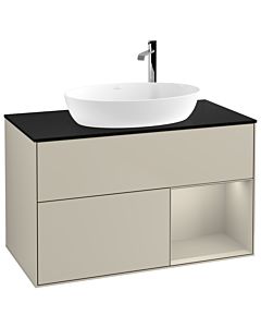 Villeroy und Boch Finion Villeroy und Boch F902HHHH 100cm, plaque de recouvrement noir mat, étagères sable laqué mat, Sand Matt Lacquer