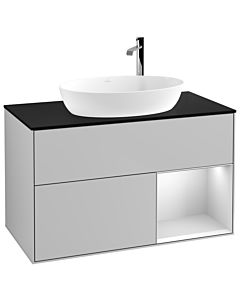 Villeroy und Boch Finion Villeroy und Boch F902MTGJ 100cm, plaque de recouvrement noir mat, étagères laqué blanc mat, gris clair mat