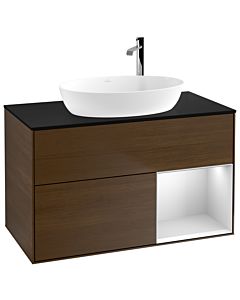 Villeroy und Boch Finion Waschtischunterschrank F902MTGN 100cm, Abdeckplatte black matt, Regale White matt lacquer, Walnut veneer
