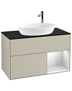 Villeroy und Boch Finion F902MTHH 100cm, plaque de recouvrement noire mate, étagères Sand Matt Lacquer blanc mat, Sand Matt Lacquer