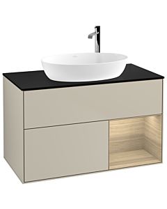 Villeroy und Boch Finion Waschtischunterschrank F902PCHH 100cm, Abdeckplatte black matt, Regale Oak Veneer, Sand Matt Lacquer