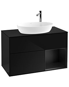 Villeroy und Boch Finion Waschtischunterschrank F902PDPH 100cm, Abdeckplatte black matt, Regale Black matt lacquer, Glossy Black Lacquer