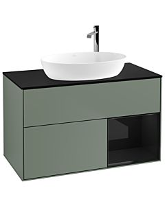 Villeroy und Boch Finion Villeroy und Boch F902PHGM 100cm, plaque de recouvrement noir mat, étagères Laque noire brillante, Olive Matt Lacquer