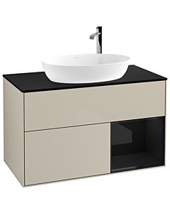 Villeroy und Boch Finion Villeroy und Boch F902PHHH 100cm, plaque de recouvrement noir mat, étagères Laque noire brillante, Sand Matt Lacquer