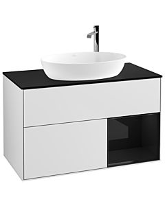 Villeroy und Boch Finion Waschtischunterschrank F902PHMT 100cm, Abdeckplatte black matt, Regale Glossy black lacquer, White matt lacquer