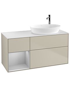 Villeroy und Boch Finion Villeroy und Boch F921GJHH 120cm, plaque de finition blanc mat, étagères laqué gris clair mat, Sand Matt Lacquer