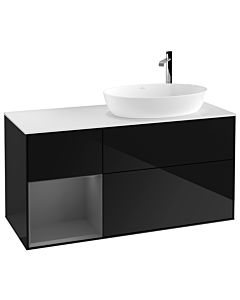 Villeroy und Boch Finion Waschtischunterschrank F921GKPH 120cm, Abdeckplatte white matt, Regale Anthracite matt lacquer, Glossy Black Lacquer