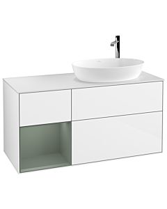 Villeroy und Boch Finion Waschtischunterschrank F921GMGF 120cm, Abdeckplatte white matt, Regale Olive matt lacquer, Glossy white lacquer